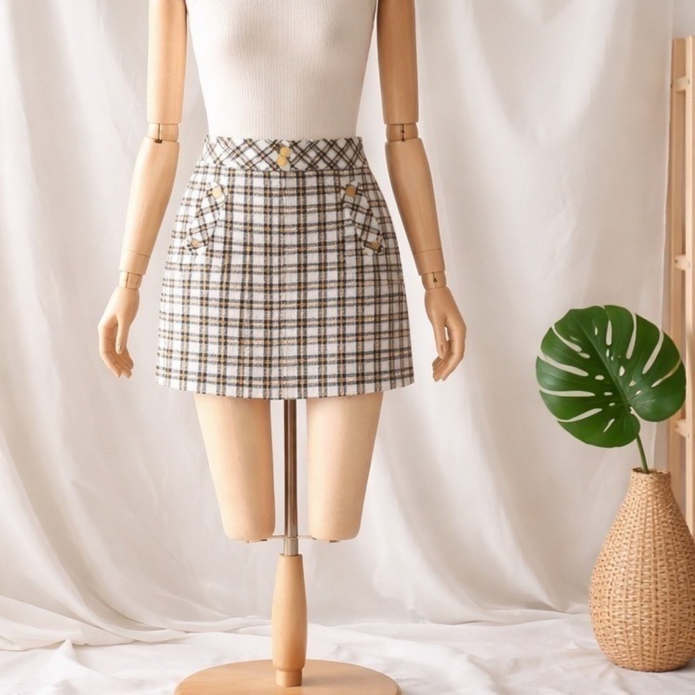 Karl Lagerfeld Plaid Summer Tweed Mini Skirt Yellow Clueless Academia Y2K Sz 6